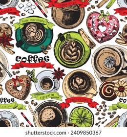 Coffee background vector. Colorful vector endless pattern of caffeine hot drinks in mug, glass, cup. Top view engraving style cute coffee beverages with spoons, sugar sticks, spices, pastries, flowers