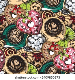 Coffee background vector. Colorful vector endless pattern of caffeine hot drinks in mug, glass, cup. Top view engraving style cute coffee beverages with spoons, sugar sticks, spices, pastries, flowers