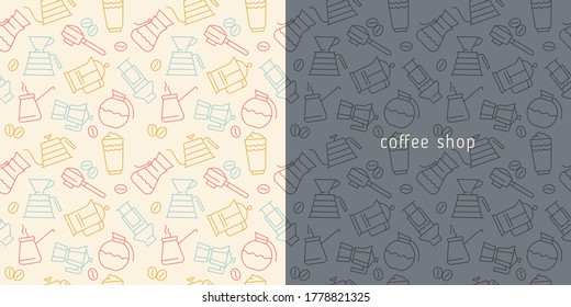 Coffee background vector for creative label design, banner of farmers coffee shop. Specialty coffee ornament with vector illustrations in line style. Coffee seamless pattern on cream backdrop.