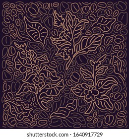 Coffee background. Vector graphic pattern, art line decor. Abstract tree, golden branch, leaf, bean, grain. Hand drawn design, tropical flora on black background, foliage. Vintage fashion print