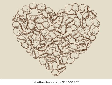 Coffee background. Vector hand drawn background of heart from coffee beans at engraving style