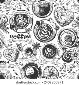 Coffee background vector. Monochrome vector endless pattern of caffeine hot drinks in mug, glass, cup. Top view engraving style cute coffee beverages with spoons, sugar sticks, spices, pastries.