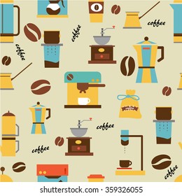 Coffee background. Vector seamless illustration: coffee pot, coffee cup, coffee grinder, coffee beans, coffee stains . 