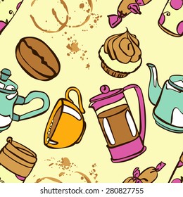 Coffee background. Vector seamless pattern.