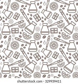 Coffee background. Vector seamless pattern. Isolated on white background. Flat style. Wrapping paper pattern. Hygge