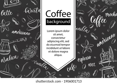 Coffee background in vintage outline hand drawn doodle style with different objects on coffee theme.