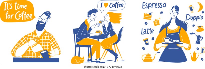 Fondo de café de gran tamaño con barista y pareja sobre elegantes elementos de diseño infográfico estilo doodle. Buena opción para los amantes del café o afiche 