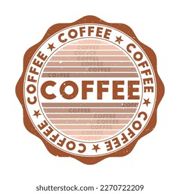 Coffee badge. Grunge word round stamp with texture in Panela color theme. Vintage style geometric coffee seal with gradient stripes. Radiant vector illustration.