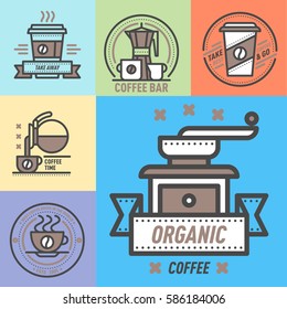 Coffee badge logo food design thin line lettering for restaurant, cafe menu coffee house and shop element beverage label sticker vector illustration.