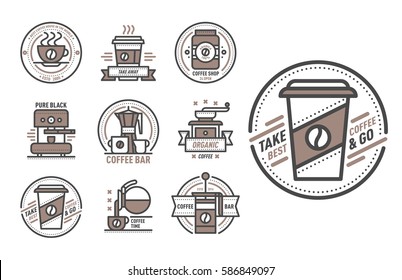 Coffee badge logo food design thin line lettering for restaurant, cafe menu coffee house and shop coffeemakers element beverage label sticker vector illustration.