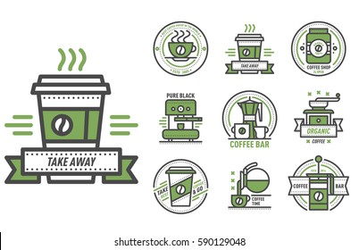 Coffee badge logo food design thin line lettering for restaurant, cafe menu coffee house and shop element beverage label sticker vector illustration.