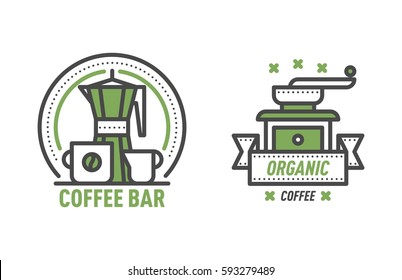 Coffee badge logo food design thin line lettering for restaurant, cafe menu coffee house and shop element beverage label sticker vector illustration.