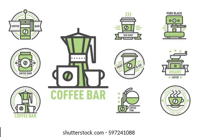Coffee badge logo food design thin line lettering for restaurant, cafe menu coffee house and shop element beverage label sticker vector illustration.