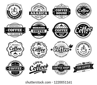 Coffee badges. Cafe logo stamp sticker. Restaurant logotype. Vintage cafes logotype antique, dirty mug roast quality restaurant insignia designs. Vector isolated icons illustration set