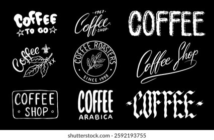 Coffee badges or emblems for your shop or package. To go and arabica coffee. Simple designs ready to use in your business. Gothic and traditional scripts with phrases. Engraved, brush drawn elements