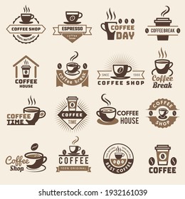 Coffee badges. Kitchen logo for hot drinks fresh liquid products mugs with beans stylized recent vector set