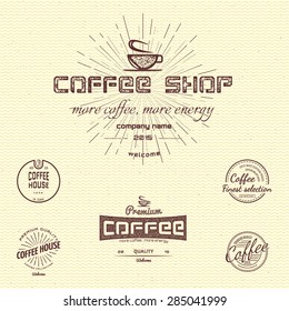 Coffee badges logos and labels for any use, on a white background.