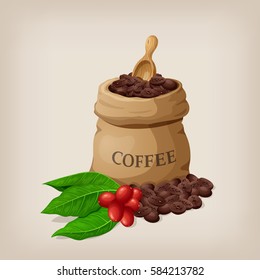 Coffee bag with beans in canvas sack and coffee branch with leaves. Vector illustration