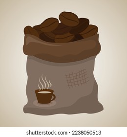 Kaffeebeutel mit Kaffeebohnen auf braunem Hintergrund mit einer Tasse Kaffee. Es ist zu 100% natürlich und ökologisch. Es kann als Logo oder Emblem verwendet werden.