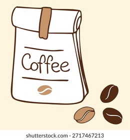 Bolsa de café con granos de café, ilustración simple del concepto de empaquetado del café del estilo del doodle 