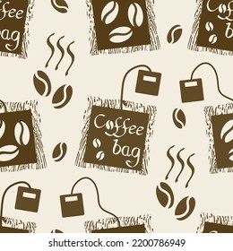 Coffee bag and beans vector seamless pattern background. Brown off white backdrop with disposable freshly brewed sachets of lattes, americanos. Grunge hand-drawn caffeine drink icons for packaging.
