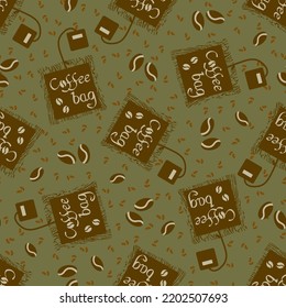 Coffee bag and beans vector seamless pattern background. Sage greeb brown backdrop with disposable freshly brewed sachets of lattes, americanos. Grunge hand-drawn caffeine drink icons for packaging.