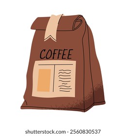 Coffee bag, closed package of freshly roasted coffee beans. Aromatic product in paper pack for caffeine drink, beverage. Flat vector illustrations isolated on white background