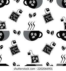 Coffee bag and cups vector seamless pattern background. Black white backdrop with disposable freshly brewed sachets of lattes, americanos. Grunge hand-drawn caffeine drink icons for packaging.