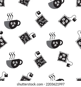 Coffee bag and cups vector seamless pattern background. Black white backdrop with disposable freshly brewed sachets of lattes, americanos. Grunge hand-drawn caffeine drink icons for packaging.