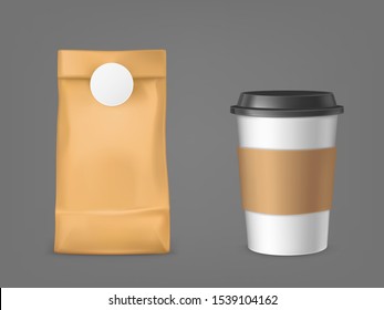 Coffee bag and disposable cup set isolated on grey background, blank plastic mug with cap and holder, paper package for beans advertising design elements Realistic 3d vector illustration, clip art