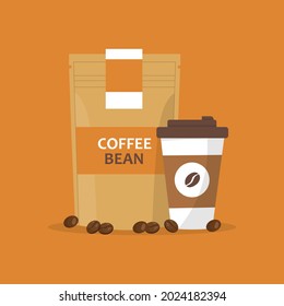 Coffee bag and disposable cup set isolated on orange background, blank plastic mug with cap and holder, paper package for beans. Vector illustration