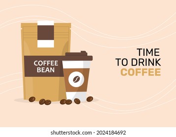 Coffee bag and disposable cup set isolated on orange background, blank plastic mug with cap and holder, paper package for beans. Banner time to drink coffee. Vector illustration