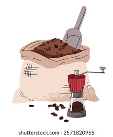 Coffee bag with grinder in flat cartoon style. Coffee beans in canvas sack. Composition for menu, sticker, postcard, etc.