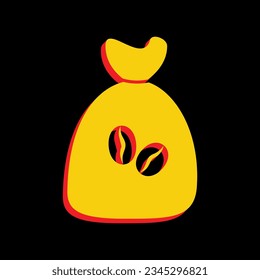 Coffee bag Icon. Coffee bag. Coffee bag Icon Button. 3D Extruded Yellow Icon with Red Sides a Black background. Illustration.