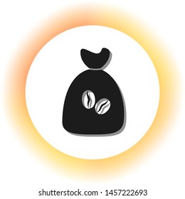 Coffee bag Icon. Coffee bag. Coffee bag Icon Button. Dark icon with shadow on the glowing circle button. Illustration.