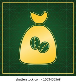  Coffee bag Icon Button. Golden icon with gold contour at dark green gridded  background. Illustration.