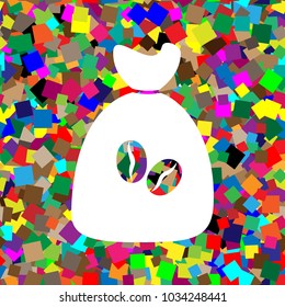Coffee bag Icon. Coffee bag. Coffee bag Icon Button. Vector. White icon on colorful background with seamless pattern from squares.