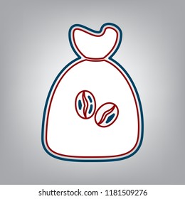 Coffee bag Icon. Coffee bag. Coffee bag Icon Button. Vector. Dark red, transparent and midnight green stroke of white icon at grayish background.