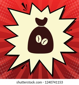 Coffee bag Icon. Coffee bag. Coffee bag Icon Button. Vector. Dark red icon in lemon chiffon shutter bubble at red popart background with rays.