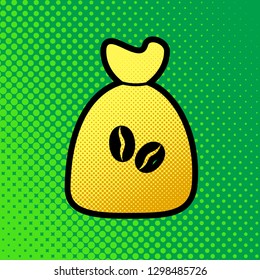 Coffee bag Icon. Coffee bag. Coffee bag Icon Button. Vector. Pop art orange to yellow dots-gradient icon with black contour at greenish background.