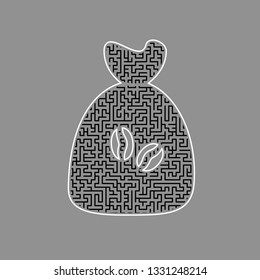 Coffee bag Icon. Coffee bag. Coffee bag Icon Button. Vector. Black maze filled icon with white border at gray background.