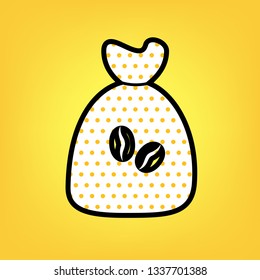 Coffee bag Icon. Coffee bag. Coffee bag Icon Button. Vector. Yellow polka dot white icon with black contour at warm yellow background.