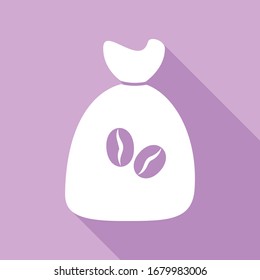 Coffee bag Icon. Coffee bag. Coffee bag Icon Button. White Icon with long shadow at purple background. Illustration.