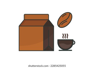Coffee bag icon with coffee cup and coffee beans. icon related to coffee element. Lineal color icon style, flat line. Simple vector design editable