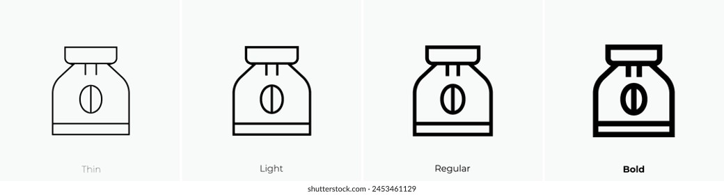 icono de la bolsa de café. Diseño de estilo fino, ligero, regular y audaz aislado sobre fondo blanco