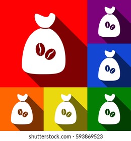 Coffee bag Icon. Coffee bag Vector. Coffee bag Icon Button. Vector. Set of icons with flat shadows at red, orange, yellow, green, blue and violet background.