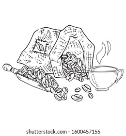 Coffee bag icon. Vector illustration fabric bag for coffee. Hand drawn fabric bag.