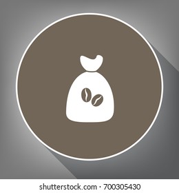 Coffee bag Icon. Coffee bag.  Vector. White icon on brown circle with white contour and long shadow at gray background. Like top view on postament.