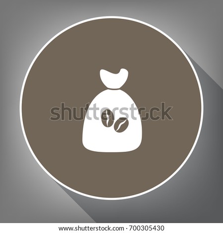 Coffee bag Icon. Coffee bag.  Vector. White icon on brown circle with white contour and long shadow at gray background. Like top view on postament.