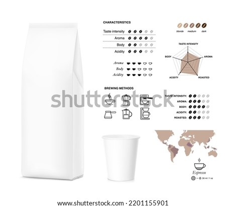 Coffee bag mockup with characteristic icons. Vector illustration isolated on white background. Can be use for your design, presentation, promo, ad. EPS10.	
